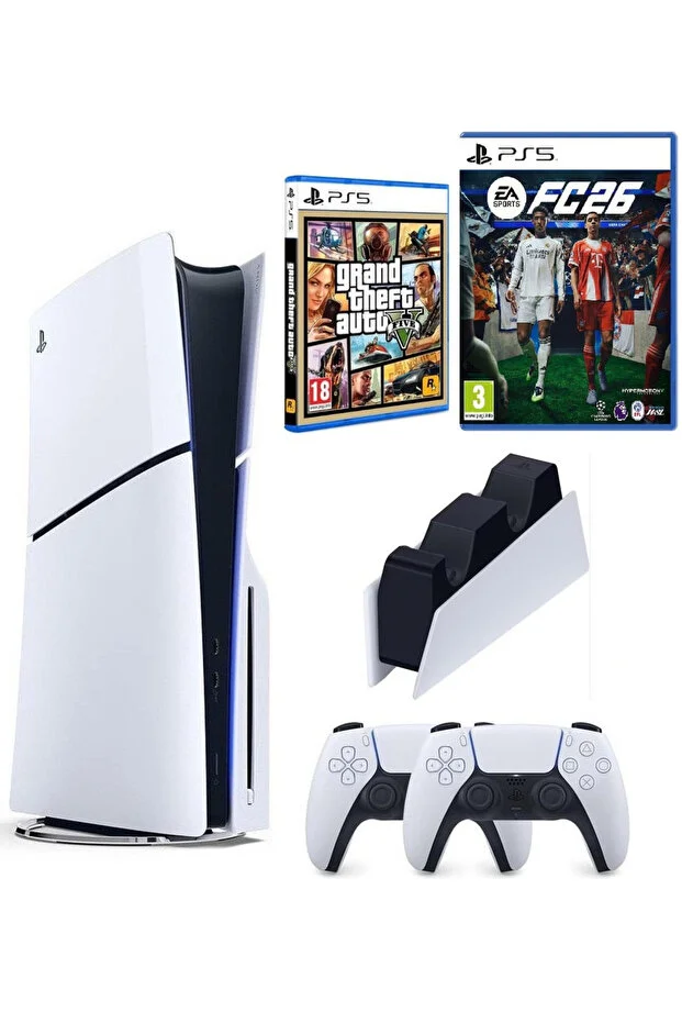 Sony Playstation 5 Slim +2.kol Dualsense +Şarj istasyonu +PS5 FC26 + GTA V